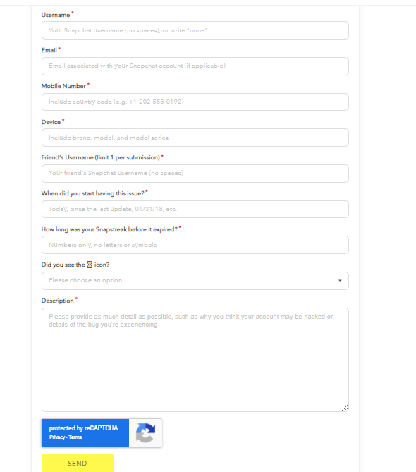 Image showing the form you should fill concerning your Snapchat's snapstreak