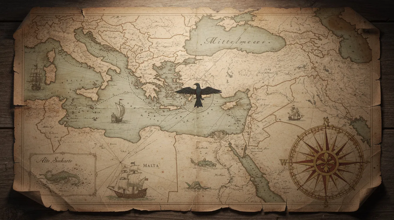 Die alte, vergilbte Landkarte des Mittelmeers zeigt ein Falkensymbol über der Insel Malta, umgeben von einer Kompassrose und verschiedenen Seefahrersymbolen. Diese Darstellung erinnert an den "Malteser Falken" und die Abenteuer von Sam Spade in Dashiell Hammetts berühmtem Roman.