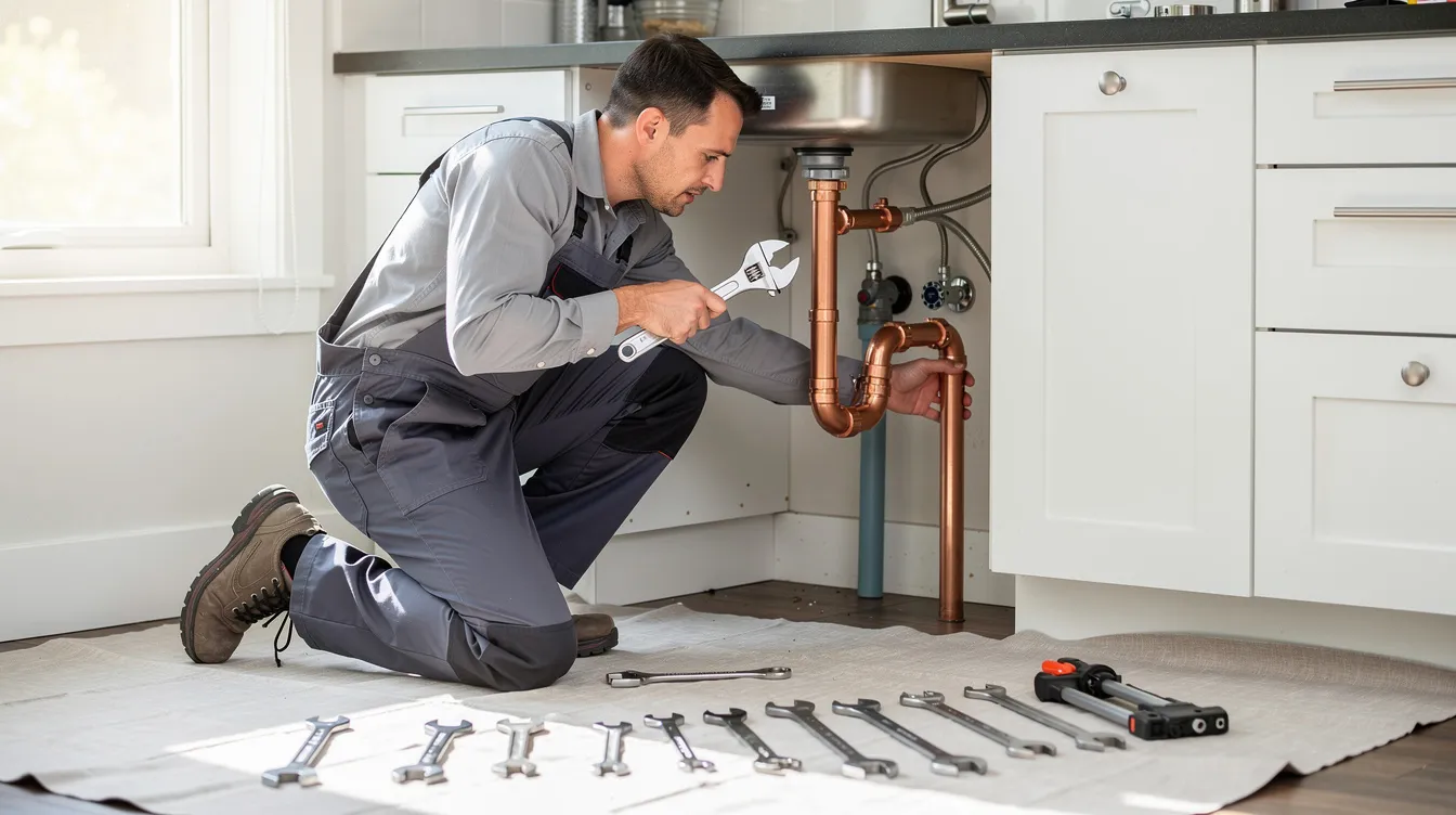 A professional plumber is crouched under a kitchen sink, diligently repairing copper pipes while various tools and wrenches are spread out on a protective floor covering. This scene highlights the expertise of emergency plumbers in Bellevue, who respond quickly to plumbing emergencies and provide essential services for homeowners.