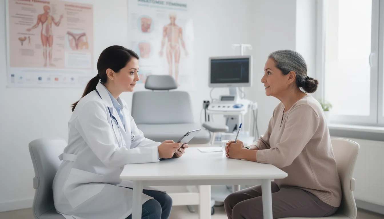 L'image montre une consultation médicale dans un cabinet gynécologique moderne, où un gynécologue discute avec une patiente des symptômes liés aux polypes utérins. Le médecin explique les risques et le traitement potentiel, tout en examinant des documents sur la santé de l'utérus et les implications possibles pour la fertilité.