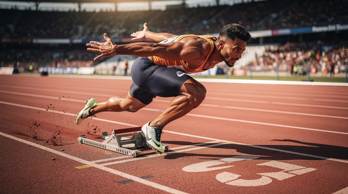 A sprinter is explosively launching from starting blocks on an outdoor track, showcasing the intense energy production required for high-intensity exercise. This moment captures the essence of athletic performance, where muscle contraction and creatine supplementation play crucial roles in enhancing speed and power.