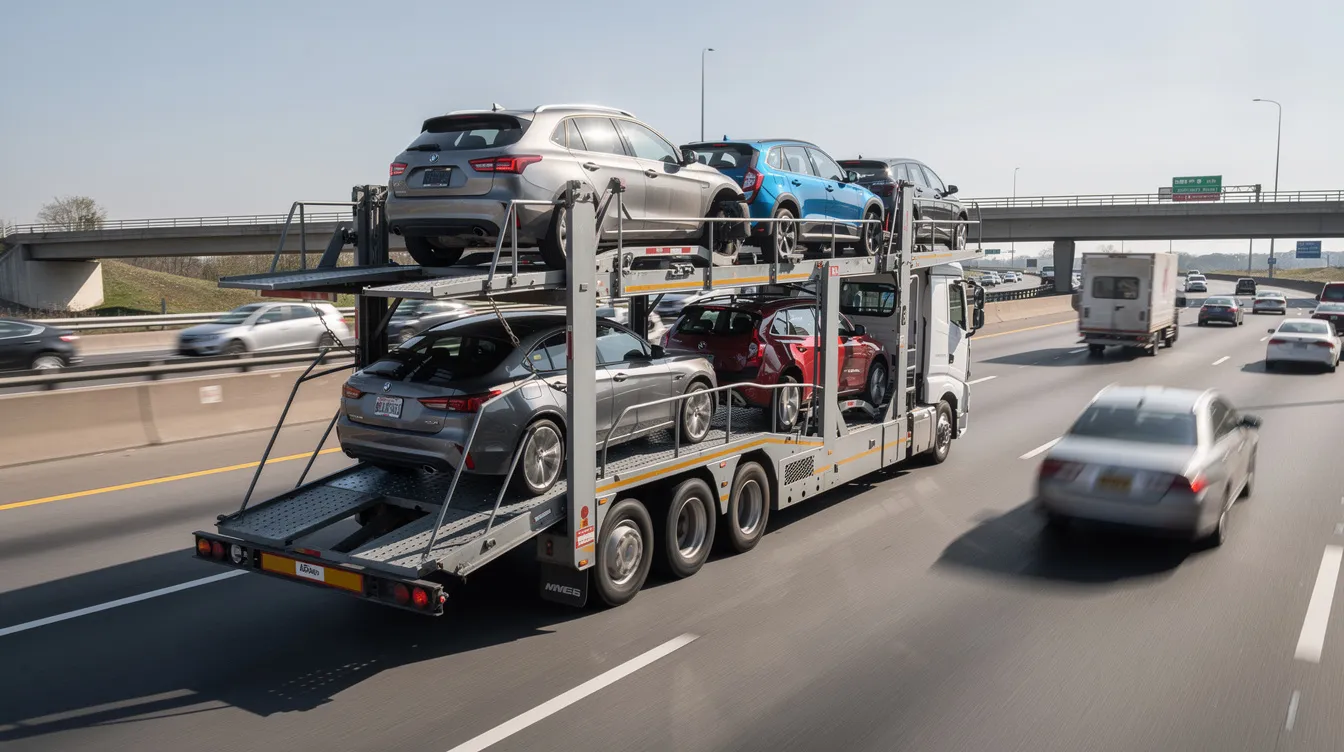 A professional car carrier truck, loaded with various vehicles, is driving on a multi-lane highway, showcasing efficient auto transport services. This scene highlights the reliable vehicle transportation options available in New Jersey for car shipping needs.