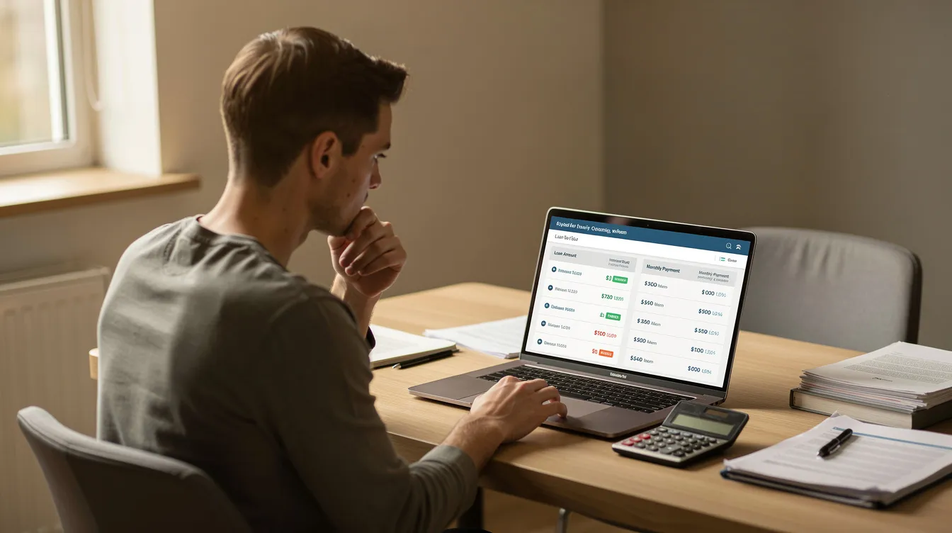 A person is seated at a desk, using a laptop to compare various loan options, with a calculator placed nearby for calculations. The screen displays details such as interest rates and loan amounts, highlighting the ease of applying for online loans and immediate approval.