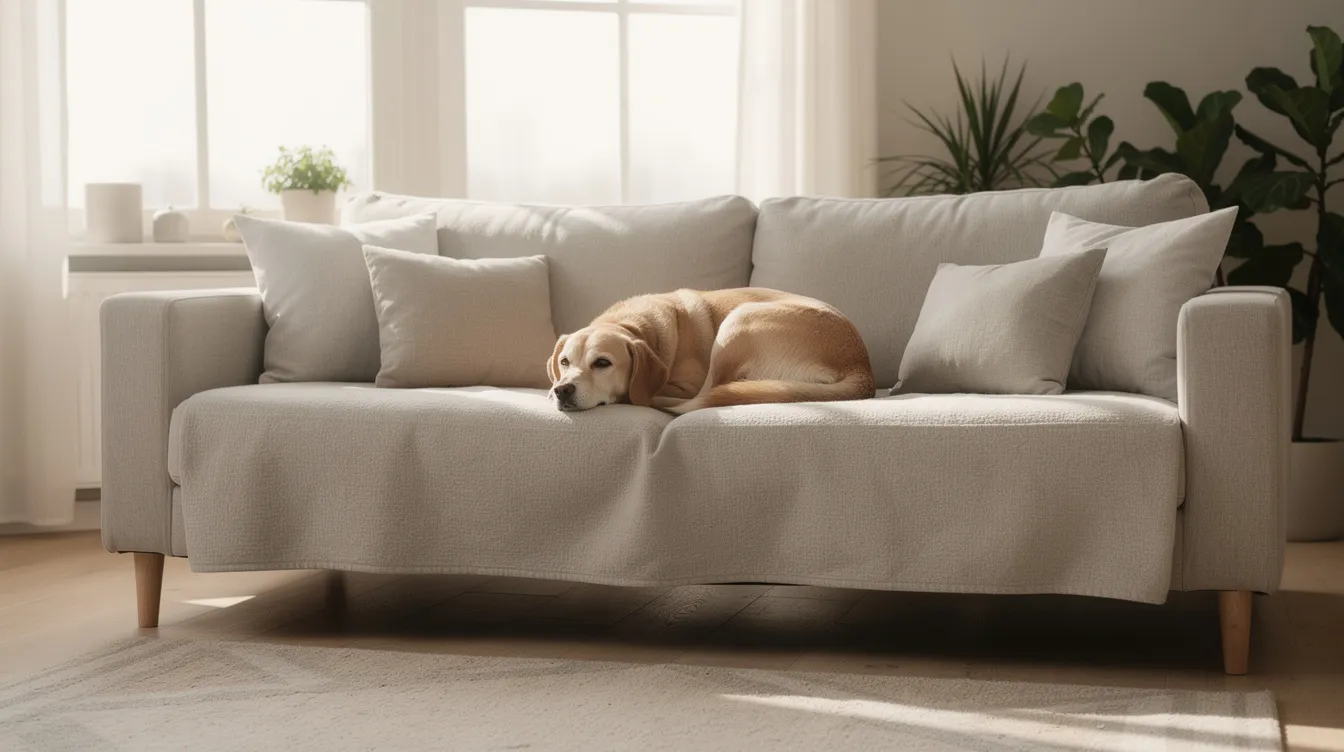 A calm dog is peacefully resting on a neutral sofa covered with a protective couch cover in a bright living room, showcasing a stylish and comfortable environment for pet owners. The sofa cover provides durability and protection against pet hair and stains, enhancing the overall home decor.