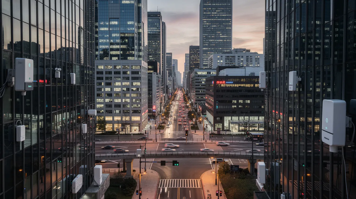 The image depicts a wide view of a modern cityscape featuring various buildings, streetlights, and infrastructure equipped with small sensor devices, illustrating the integration of 5G technology in creating smart cities. These connected devices enhance mobile broadband and network capacity, enabling real-time data processing and seamless connectivity for autonomous vehicles and other emerging technologies.