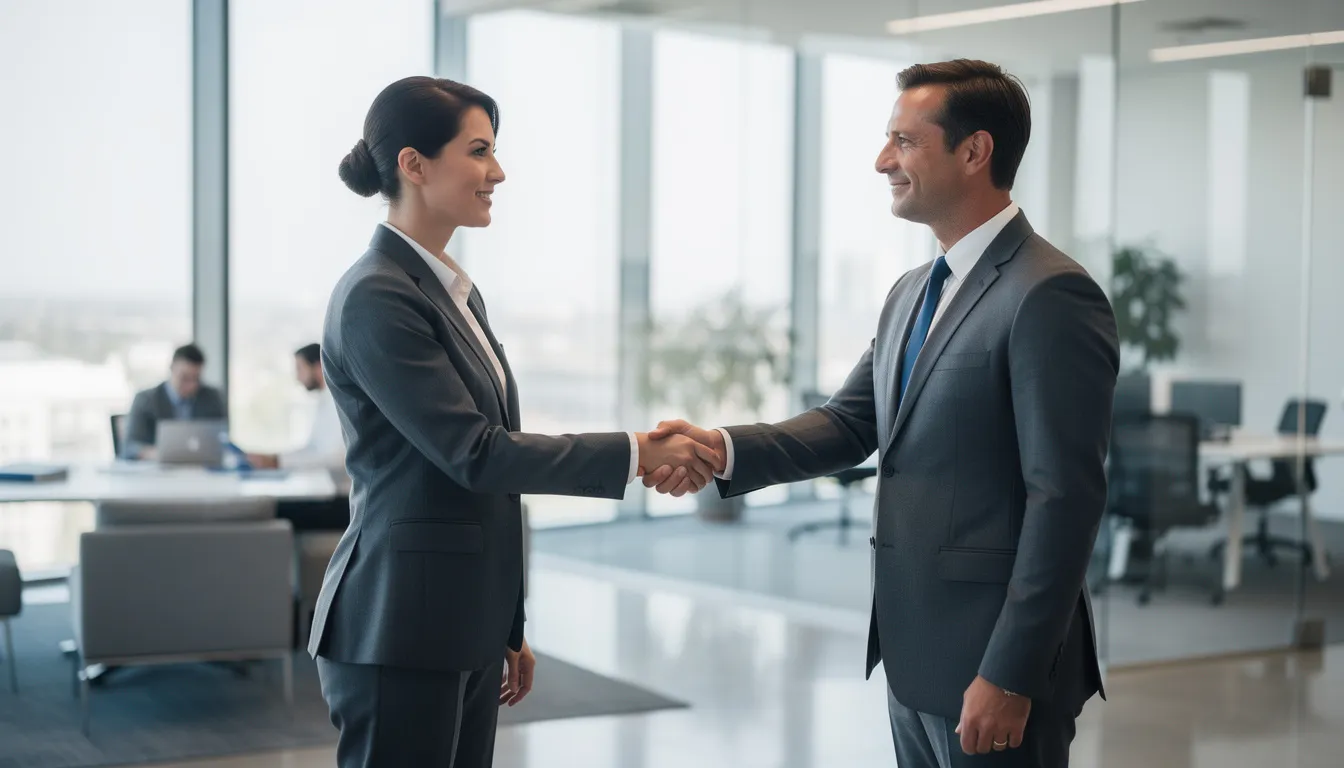 The image depicts a professional handshake between two business individuals in a modern office setting, symbolizing collaboration and agreement in corporate and commercial matters. This gesture reflects the importance of legal expertise and the role of commercial lawyers in navigating UAE commercial companies law and ensuring compliance in business transactions.