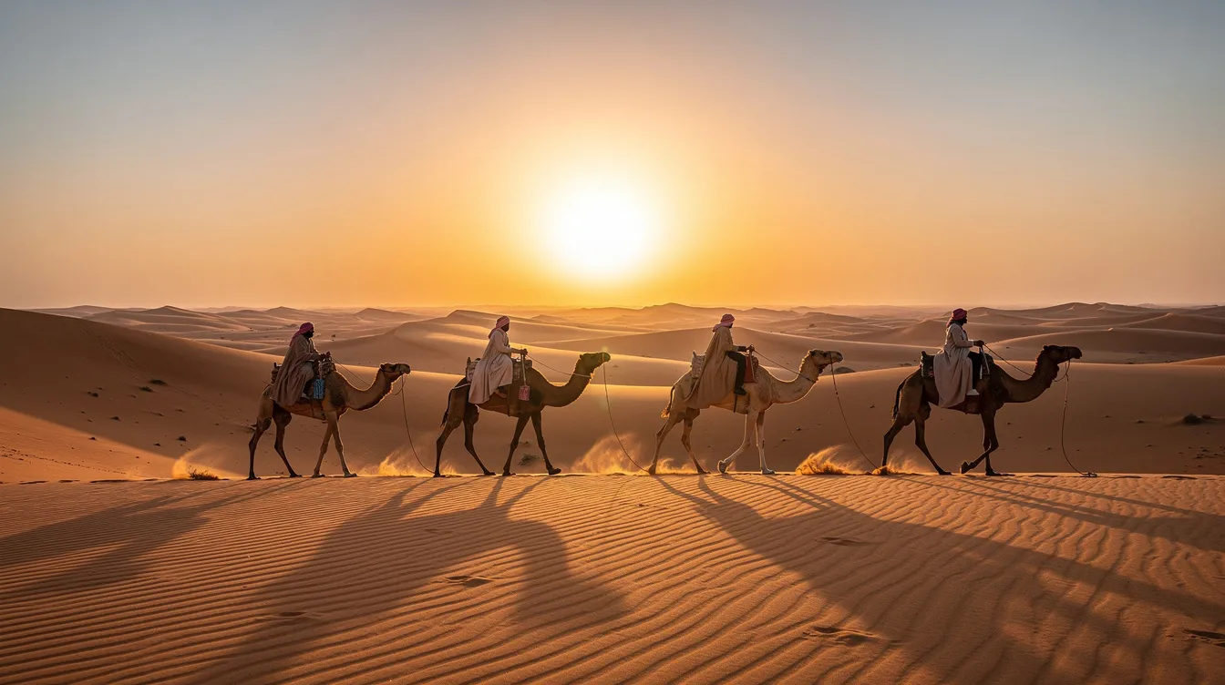 A camel caravan crosses the golden dunes of the Sahara Desert as the sun sets, casting a warm glow over the landscape. This serene scene captures the essence of Morocco in November, showcasing the mild temperatures and pleasant weather ideal for outdoor activities and camel rides.