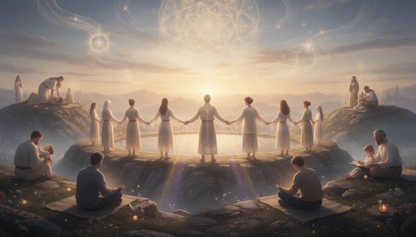 The image depicts a serene natural landscape, symbolizing the spiritual dimension of life, where human beings can experience a deep sense of connection to the divine presence and ultimate reality. This tranquil setting invites reflection and meditation, fostering spiritual growth and a heightened awareness of the beauty and meaning in daily life.