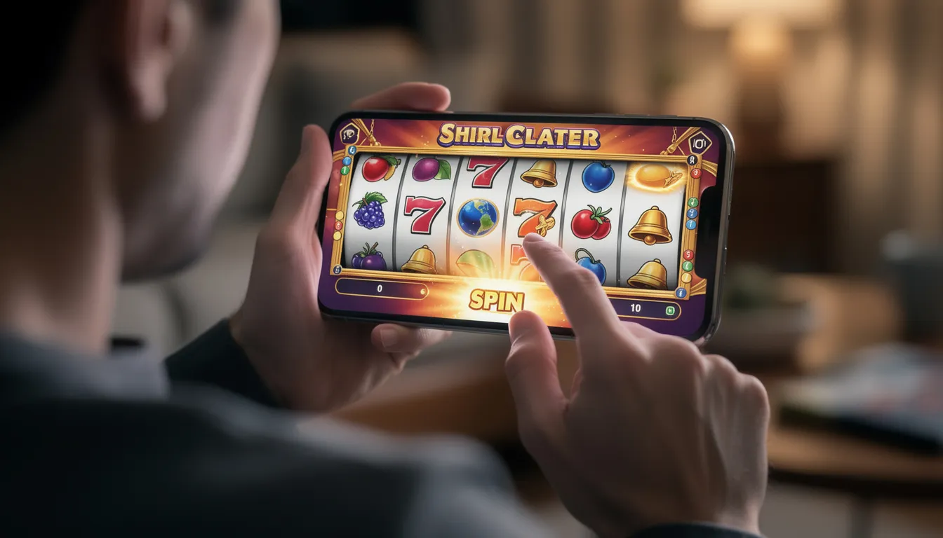 En person spelar ett online casino-spel på sin smartphone, där färgglada slot-grafik och symboler syns på skärmen. Det kan vara en isoftbet slot, som till exempel "Gold Digger", med spännande funktioner och möjlighet till free spins.