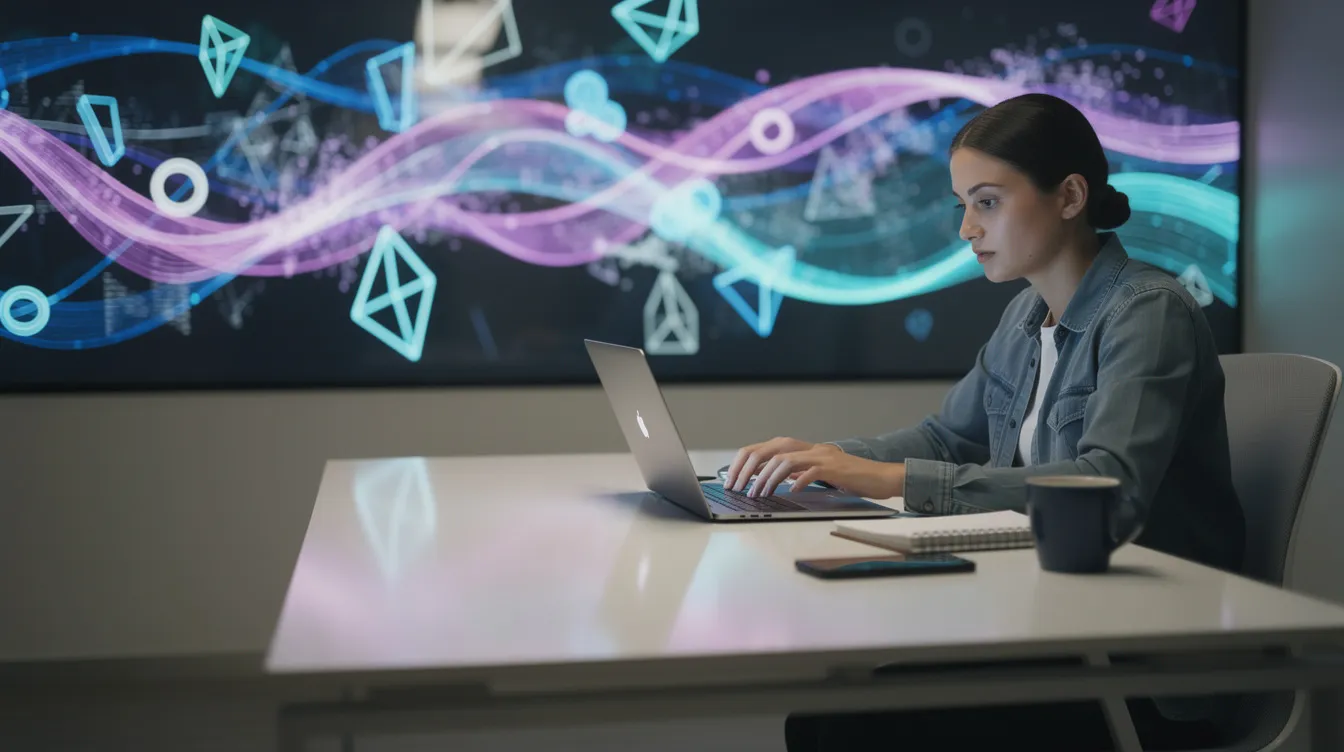 A person is seated at a desk, using a laptop and a phone, surrounded by abstract digital light patterns that evoke a sense of innovation in digital marketing. This scene reflects the evolving landscape of generative engine optimization and AI-powered search engines, highlighting the integration of technology in optimizing content for user engagement and search engine results pages.