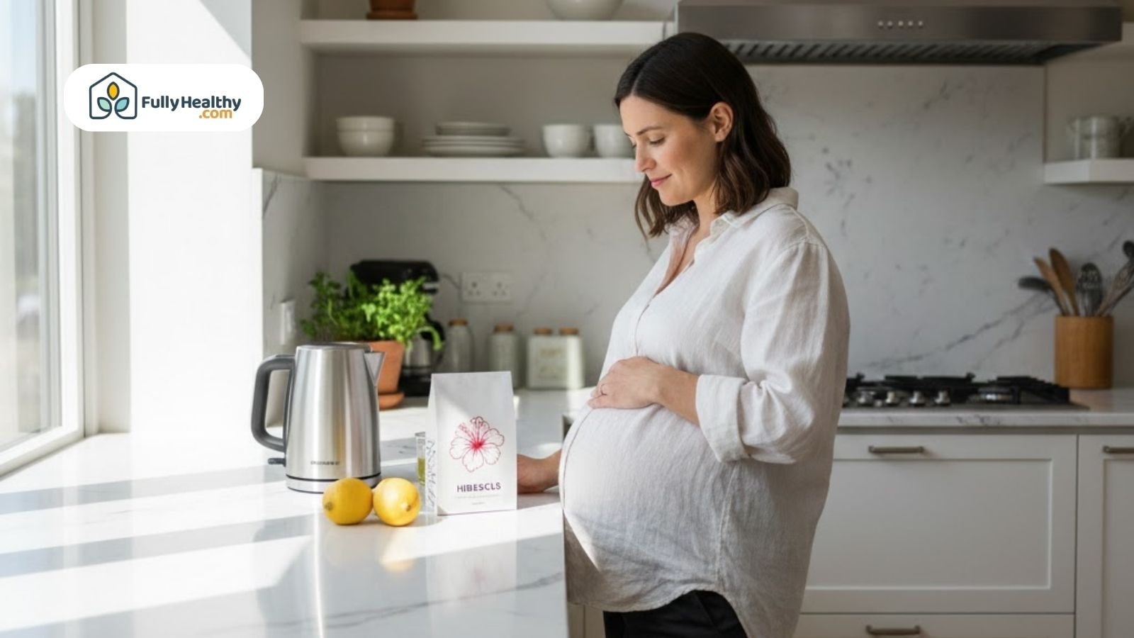 Pregnant woman holding her belly while looking at a hibiscus tea package on the kitchen counter beside a kettle and lemons.