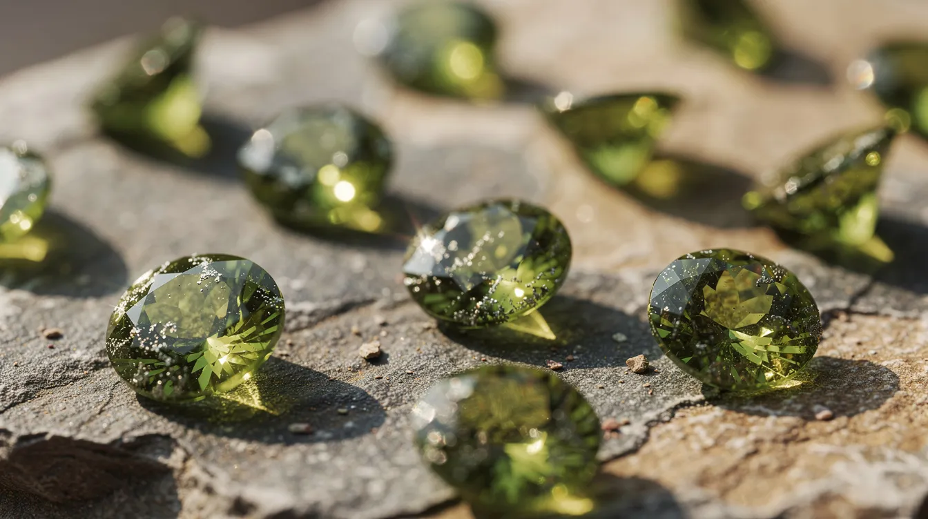 A collection of vibrant green peridot gemstones glistens in the sunlight, set against a textured natural stone background. These peridots, known as the birthstone for August, symbolize positive energy and inner strength, showcasing their classic beauty and connection to the zodiac signs.