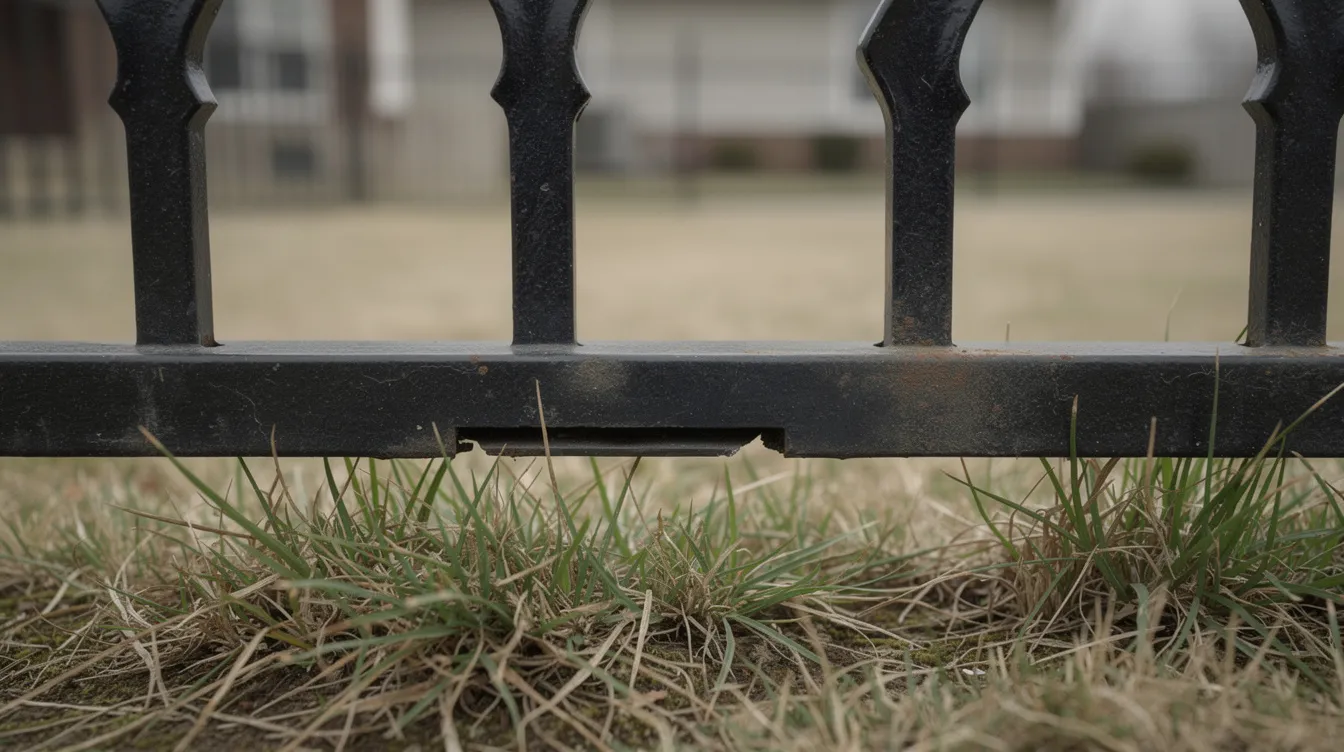 A close-up view of a wrought iron fence reveals a noticeable gap between the bottom rail and the grass-covered ground, highlighting potential openings that small dogs or other animals could escape through. This existing fence features a durable powder-coated finish, ensuring it remains aesthetically pleasing while providing security for pets and children in the yard.
