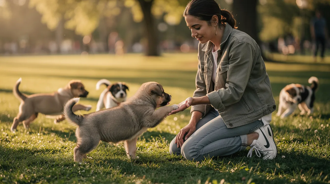 A person is kneeling down, gently interacting with a small puppy, while several other puppies play nearby in their new surroundings. This scene captures the joy of welcoming a new puppy home and highlights the playful nature of the litter.