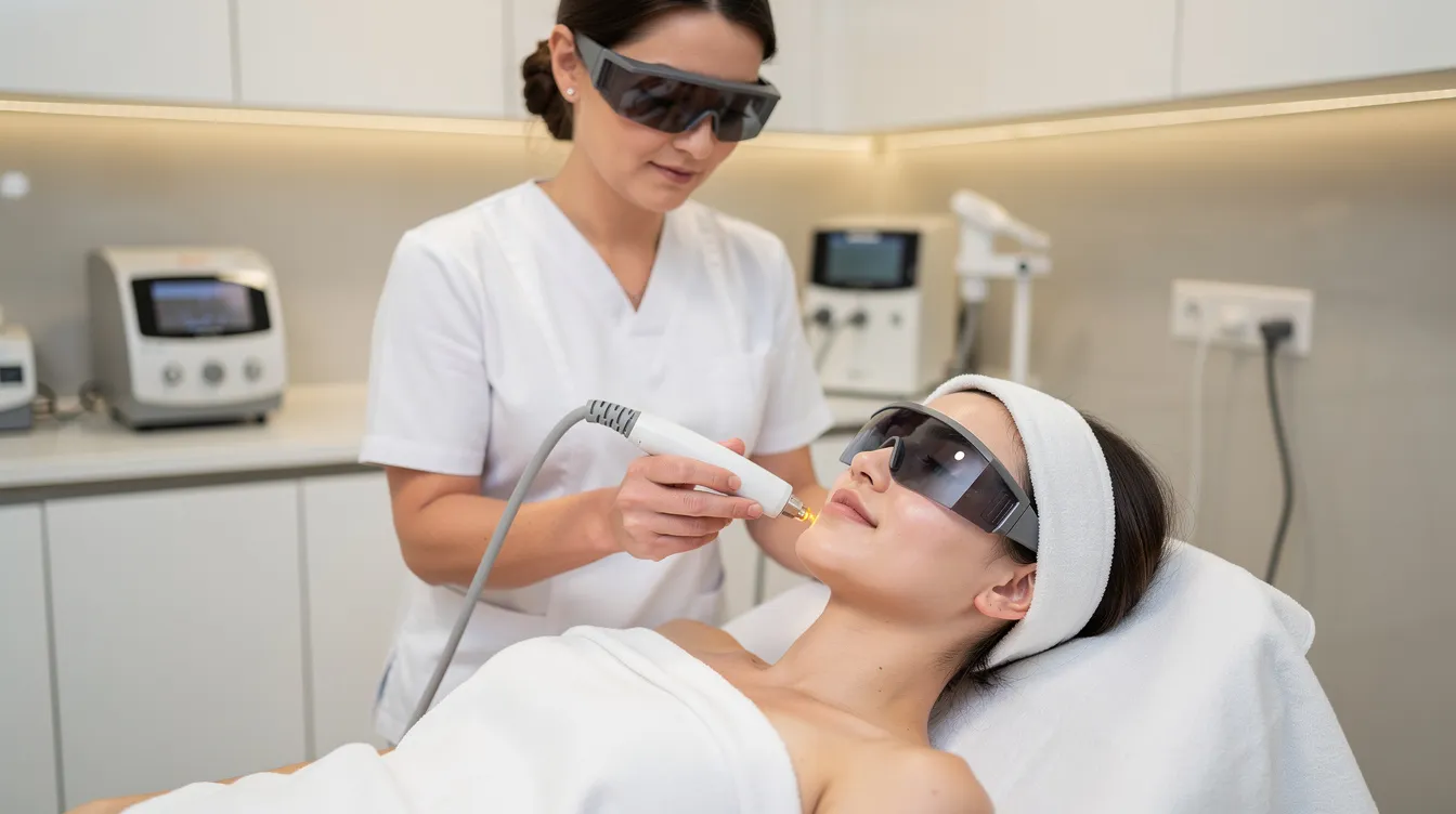 A patient is receiving a gentle laser skin resurfacing treatment in a modern treatment room, designed to improve skin texture and address concerns like acne scars and uneven skin tone. The procedure uses advanced laser technology to stimulate collagen production, promoting healthier, younger-looking skin with minimal downtime.