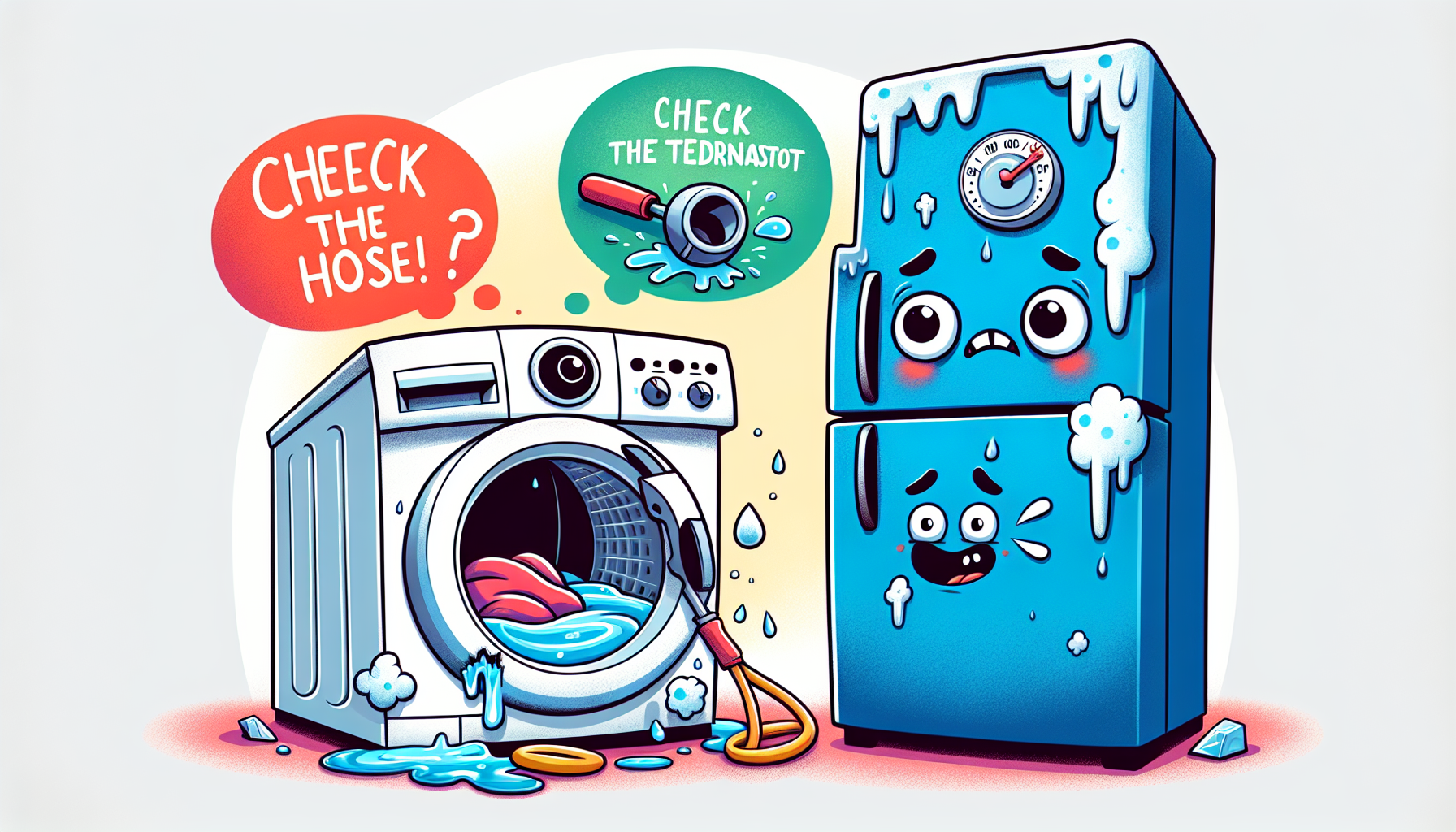 Common appliance problems such as a broken washer and fridge, with solutions illustrated in a clear manner.