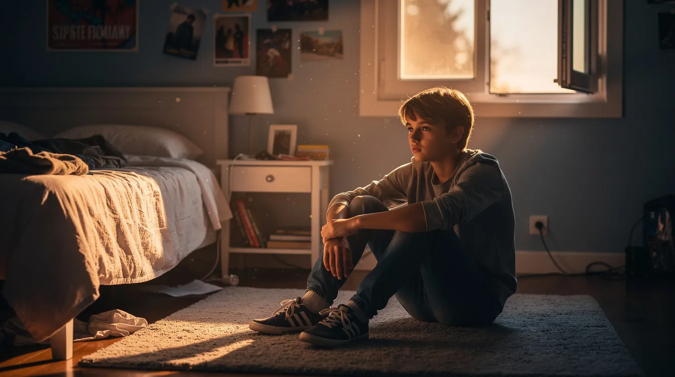 A teenager sits alone on the floor of their bedroom, illuminated by soft evening light, reflecting the intense emotions and struggles they may be facing in their mental health journey. This scene captures the essence of teenage anger and the importance of seeking professional help and healthy coping mechanisms to manage overwhelming feelings.