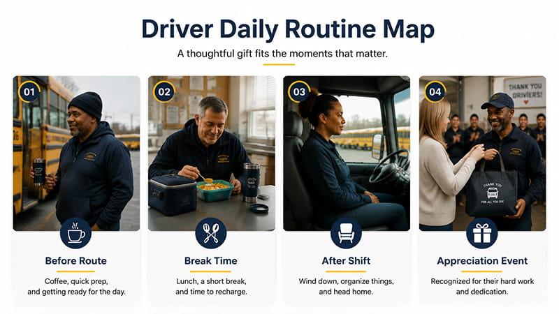 Bus driver gifts matched to four daily moments: before the route, break time, after the shift, and appreciation events