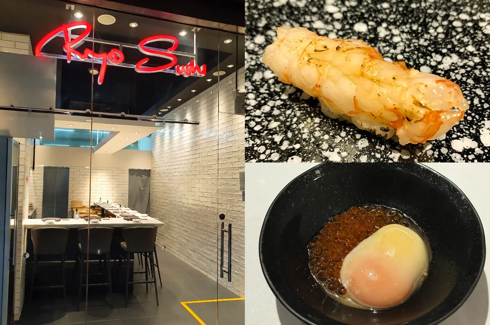 Eye-level wide-angle view. Left: Glass-fronted sushi restaurant entrance with a glowing red neon ‘Ryo Sushi’ sign, white brick-pattern walls, counter seating, and a clean contemporary interior illuminated by warm ceiling lights. Upper Right: Close-up view of grilled shrimp nigiri sushi on a black speckled plate, featuring lightly torched seafood with visible caramelized edges and a glossy texture. Lower Right: Top-down close-up view of a black bowl containing salmon roe and a soft-cooked egg in broth, highlighting translucent pearls, smooth textures, and minimalist Japanese presentation.