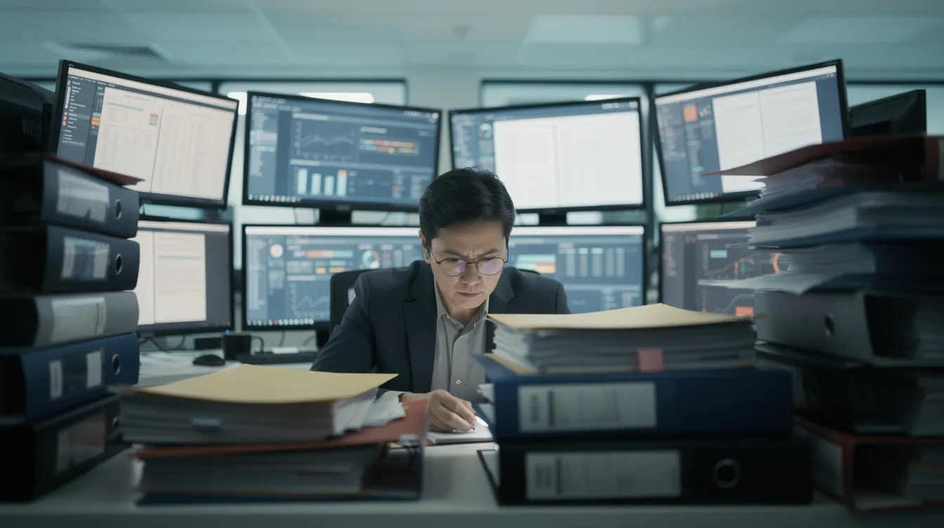 L'image montre une personne seule, assise à un bureau encombré de dossiers et d'écrans, affichant une expression concentrée. Ce cadre évoque le surmenage et les défis du management, où la gestion des responsabilités et la nécessité de déléguer efficacement sont mises en lumière.
