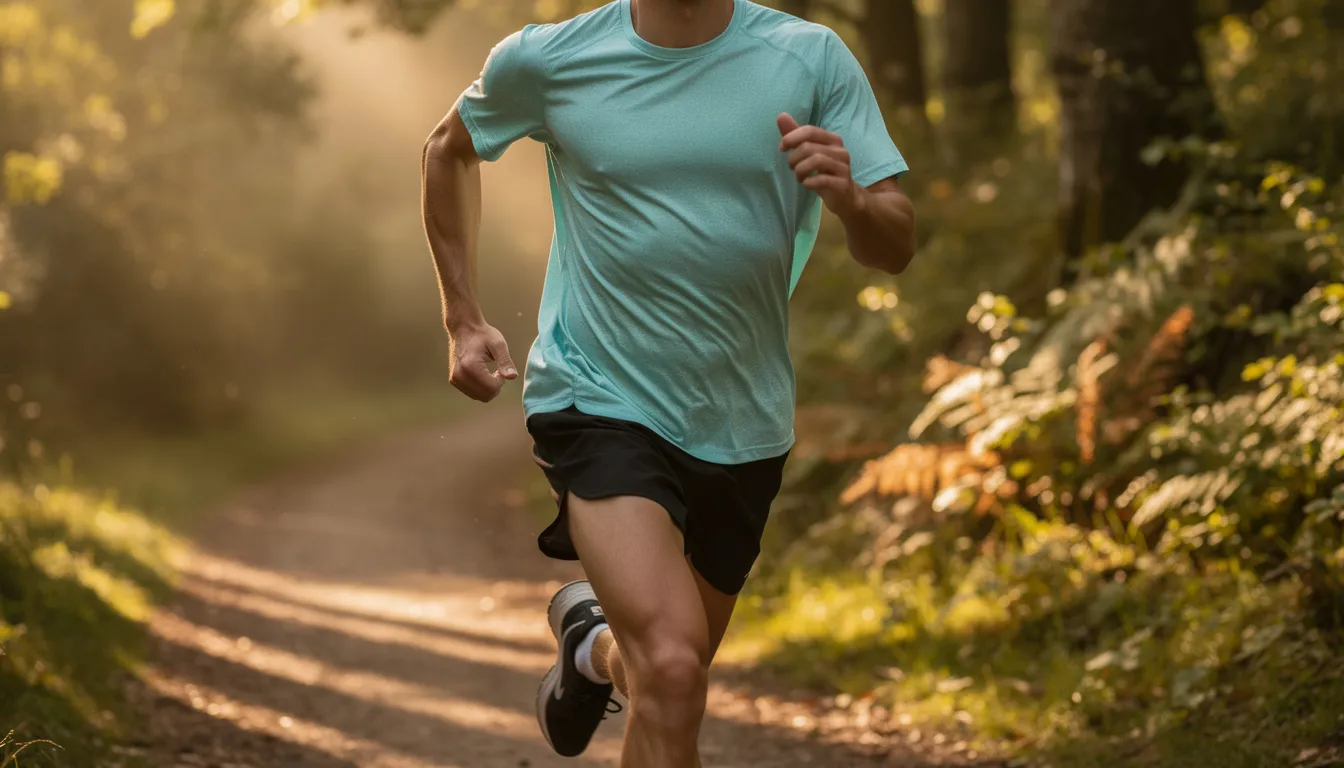 A runner is seen on a morning trail, wearing a lightweight athletic shirt designed to help prevent nipple chafing during long runs. The image captures the essence of outdoor exercise, highlighting the importance of choosing appropriate clothing to avoid skin irritation and discomfort from repetitive friction.
