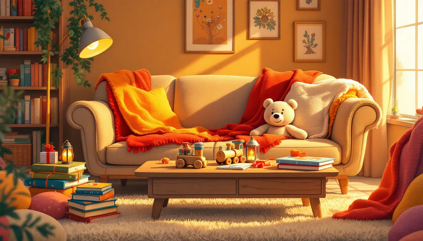 A cozy living room setup featuring warm blankets and thoughtful gifts.