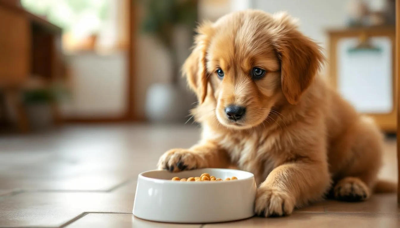 A healthy puppy is happily eating from a food bowl during its scheduled feeding time, enjoying a balanced puppy food that supports its growth. This scene emphasizes the importance of a proper feeding schedule for pet parents to ensure their puppy receives all the nutrients needed for a healthy life.