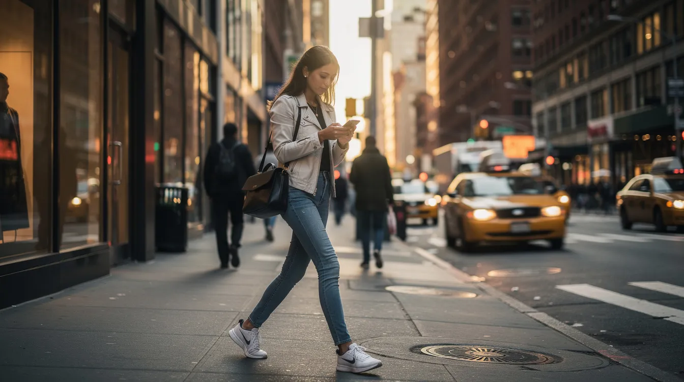 A woman is walking through the bustling streets of New York City while looking at her cellphone screen, potentially engaging with an online dating app to find meaningful connections. The vibrant urban backdrop highlights the modern dating journey, where technology meets real-world interactions.