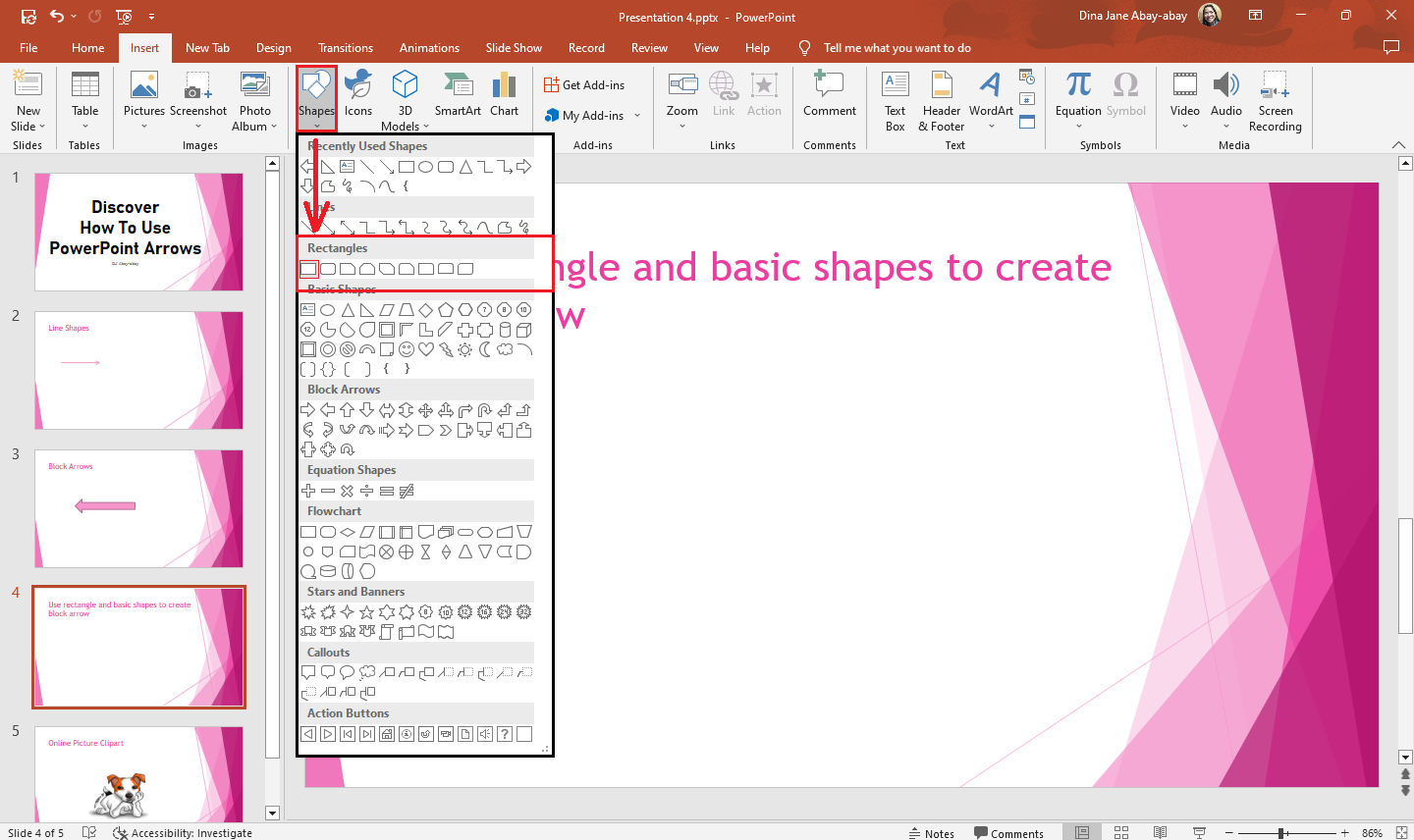 Select the rectangle shape in the "rectangles" section from the drop-down menu and click & draw it on your slide.