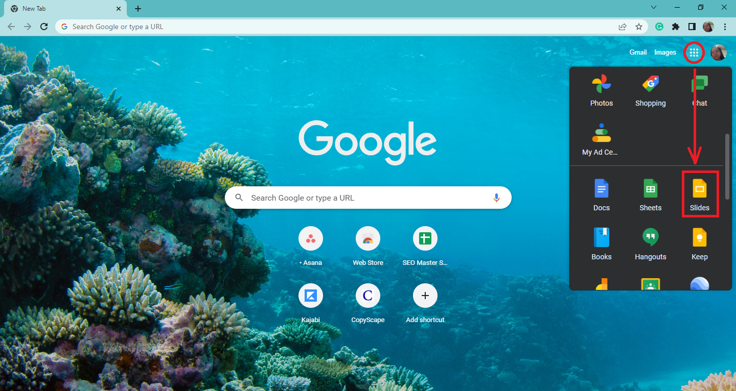 In Google Chrome, click the Google app and select Google Slides.