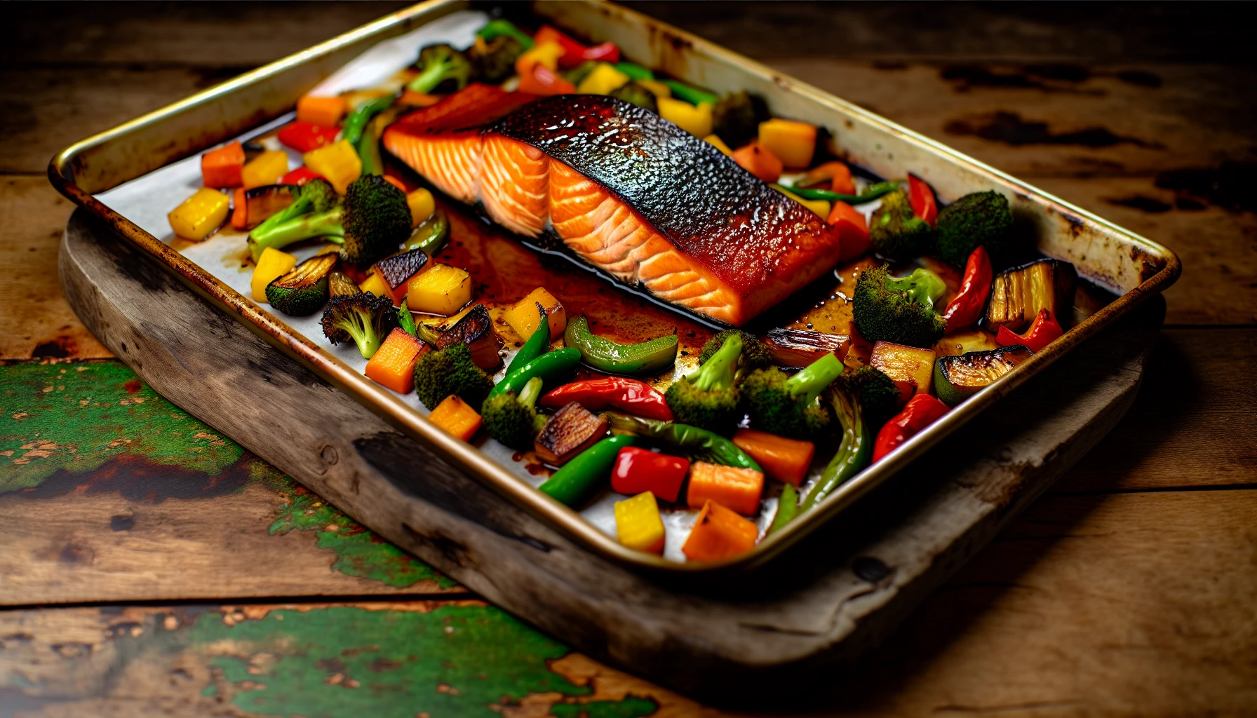 Baked teriyaki salmon and vegetables on a sheet pan