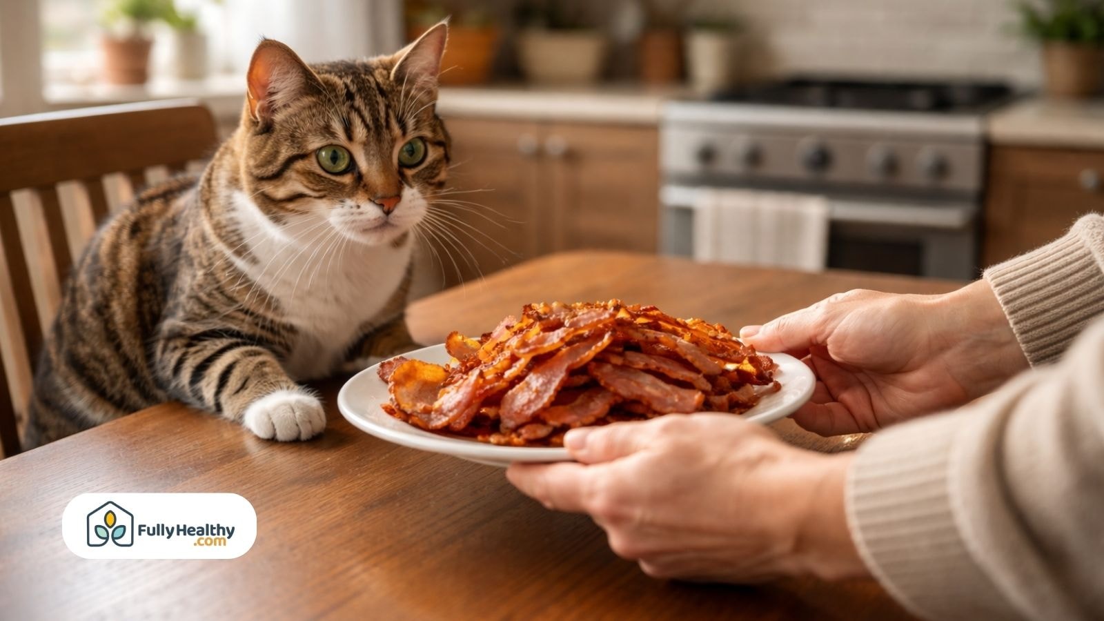 Curious house cat reaching toward plate of crispy bacon on table