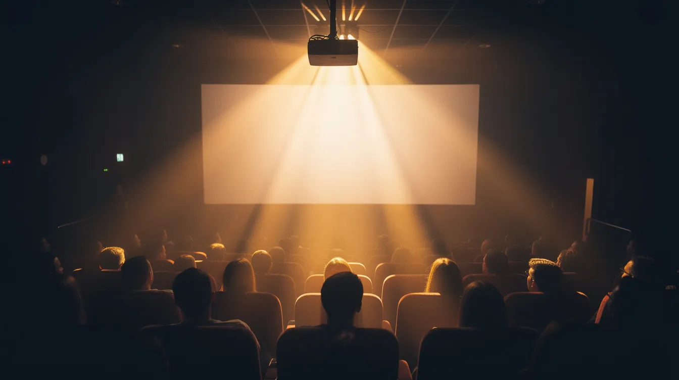 Ein dunkler Kinosaal ist zu sehen, in dem warme Lichtstrahlen des Projektors den Raum durchschneiden und die Silhouetten der Zuschauer vor einer großen, leuchtenden Leinwand beleuchten. Diese Atmosphäre ist Teil der Filmgeschichte, in der Meisterwerke wie "Der Herr der Ringe" und "The Dark Knight" gezeigt werden, und lädt die Menschen ein, sich in die Welt der besten Filme aller Zeiten zu vertiefen.