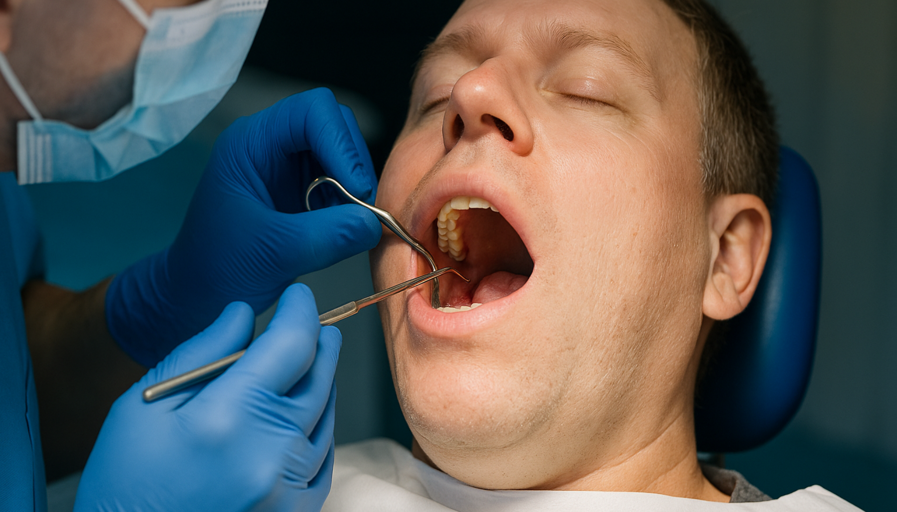 Snorkeoperasjon: Hva betyr det for tannhelsen? 15 Mann får oralkirurgisk behandling relatert til snorkeproblemer, tannlege undersøker munnhulen under inngrepet."