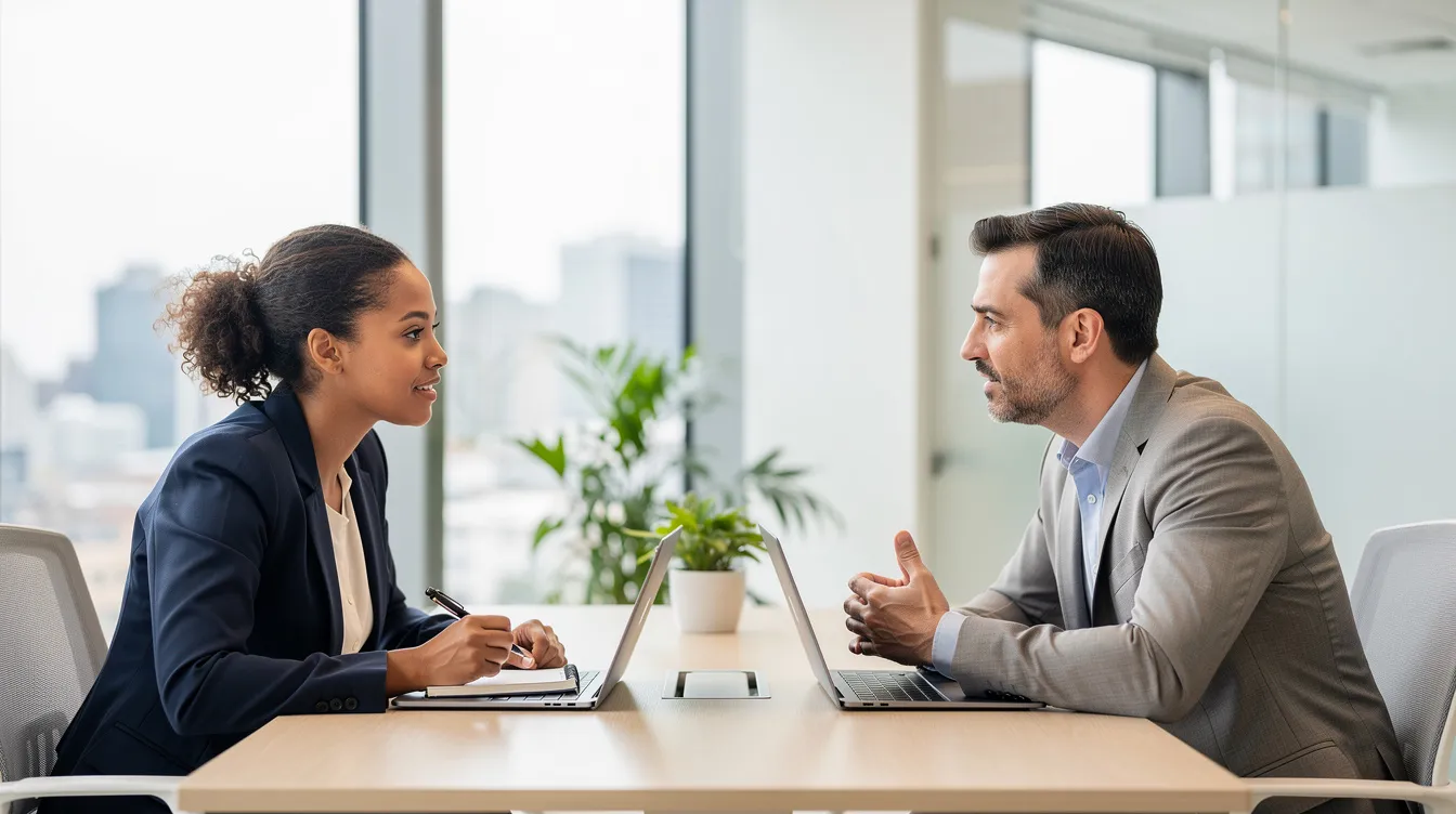 Deux personnes discutent dans un espace de travail moderne et lumineux, échangeant des idées sur le coaching de carrière et le développement personnel. L'atmosphère est dynamique et professionnelle, reflétant un environnement propice à la recherche de solutions pour l'avenir et l'évolution de leur parcours professionnel.