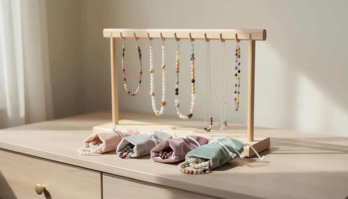 The image showcases an organized jewelry storage unit featuring an array of beaded necklaces hanging separately for easy access, alongside soft pouches for additional storage. The vibrant colors and unique styles of the necklaces highlight their beauty and elegance, making it a perfect collection for any occasion.