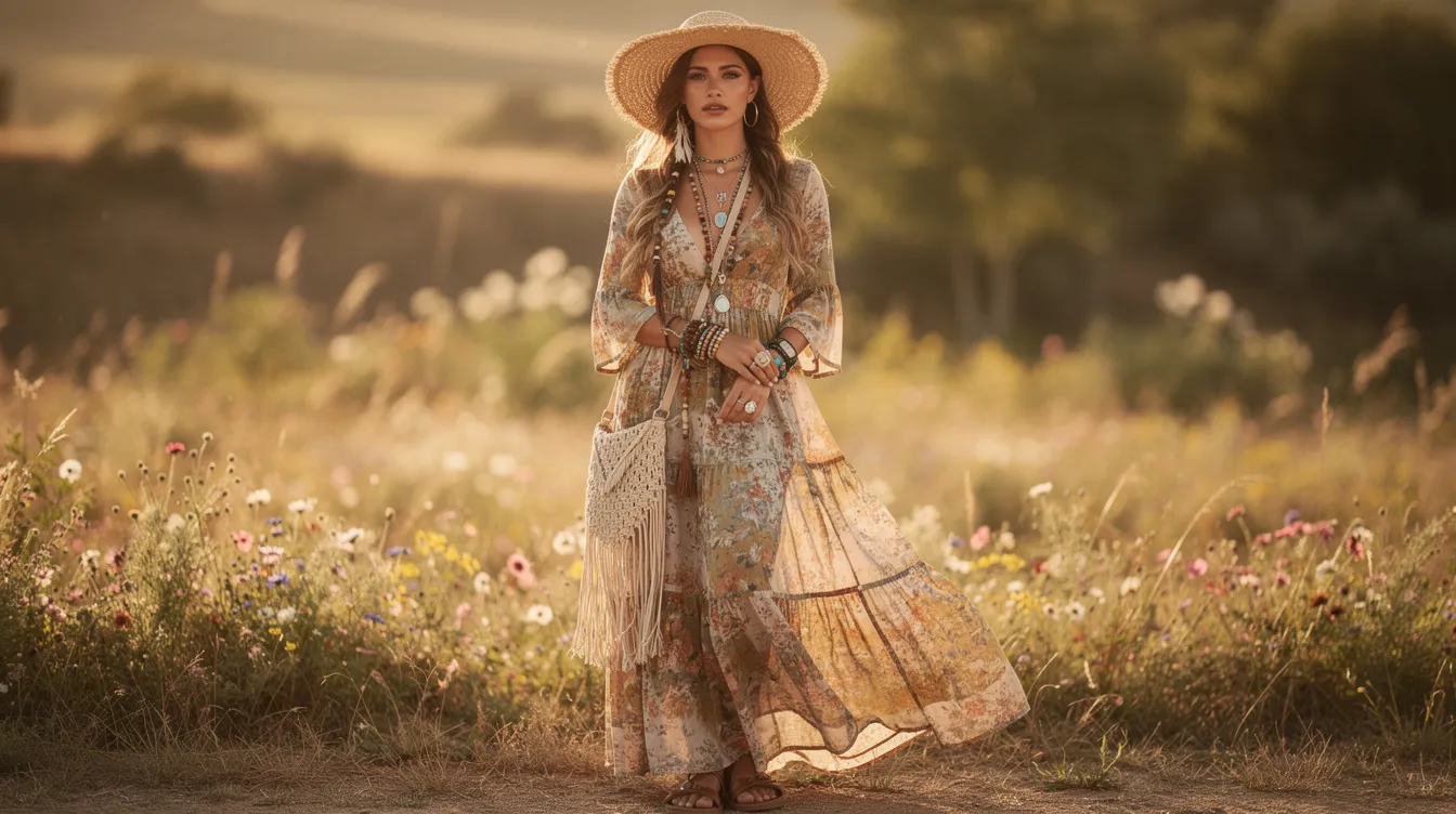 A person embodies a unique bohemian style, wearing a flowing maxi dress adorned with floral prints, complemented by delicate jewelry and natural accessories. The outfit exudes a carefree vibe, perfect for casual outings, showcasing a relaxed and artistic clothing aesthetic.