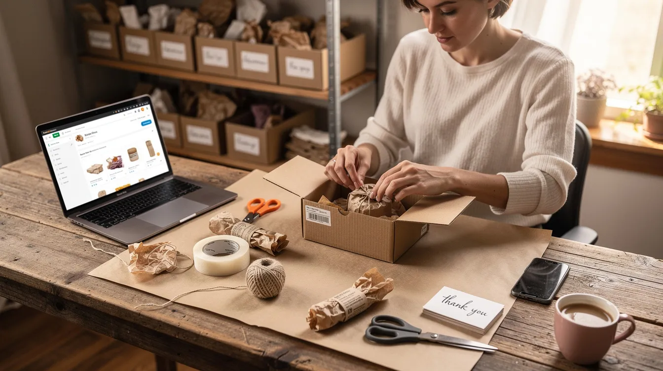 A small business owner is carefully packaging handmade products for shipping on a rustic wooden desk, showcasing the entrepreneurial spirit and dedication behind their unique business ideas. This scene highlights the importance of quality control and customer satisfaction in the world of small businesses, particularly in vibrant markets like Kolkata.