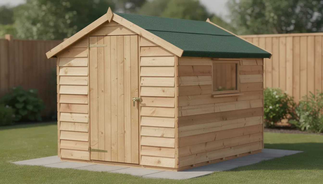 This image features a 6′ x 4′ Forest 4Life wooden shed, designed with a traditional apex roof and double doors for easy access. It is pressure treated for durability and comes with a 25-year guarantee, making it an ideal solution for garden storage in outdoor spaces.