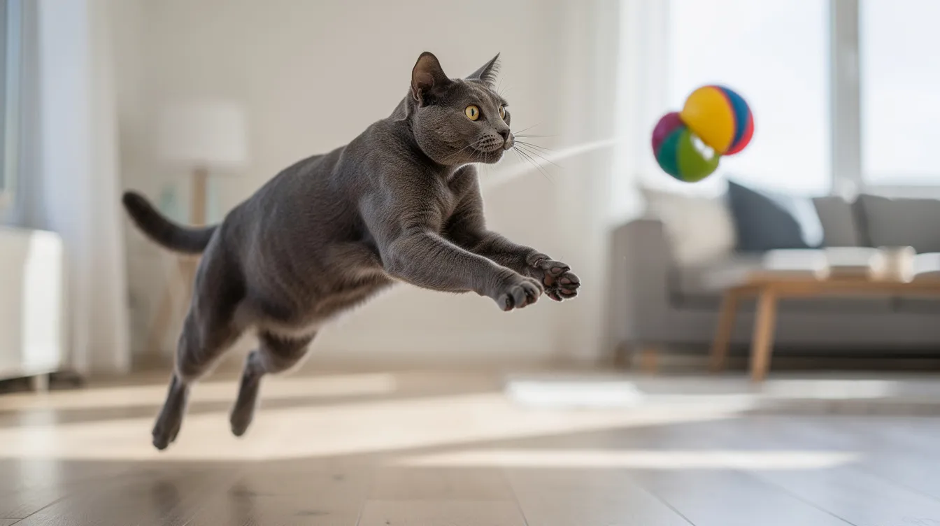 A playful gray cat is captured mid-leap, showcasing its natural hunting instincts as it chases a brightly colored spinning toy with feathers and ribbons in a well-lit apartment. The scene highlights the fun and mental stimulation that such toys provide for kitties, making it an ideal environment for play.