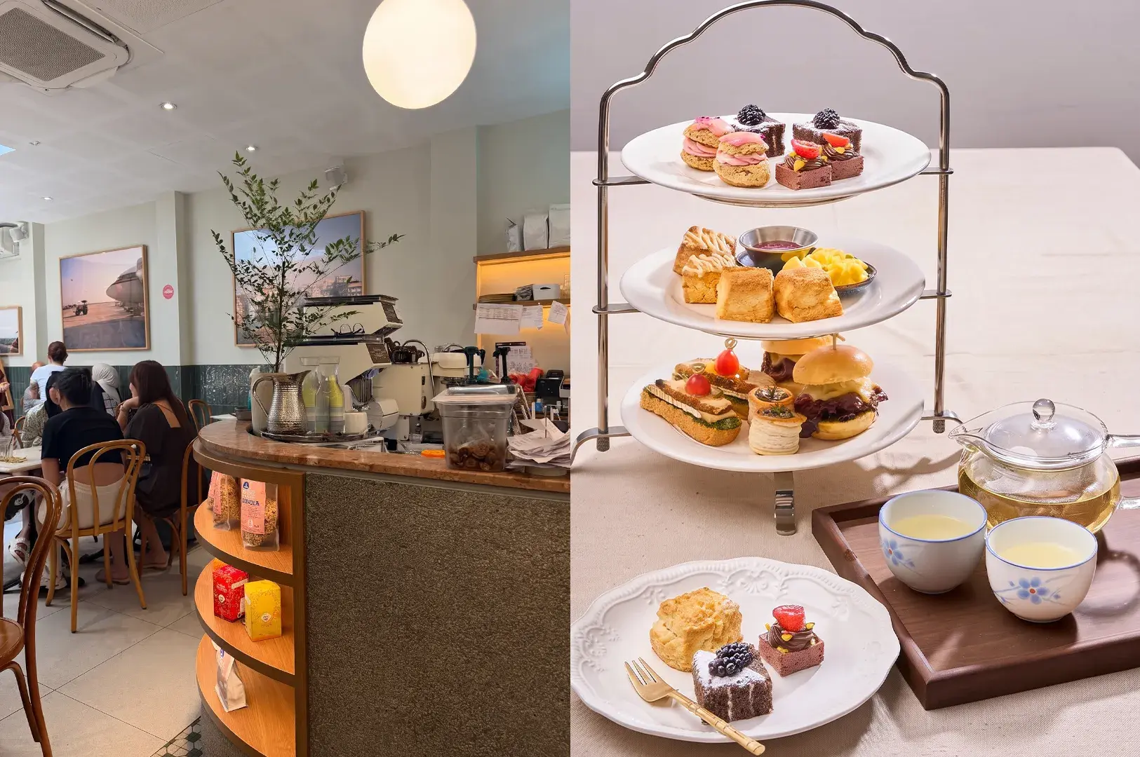Split-screen image showing a cozy cafe interior with a curved wooden counter on the left, and a three-tiered afternoon tea tray paired with a glass teapot and teacups on the right.