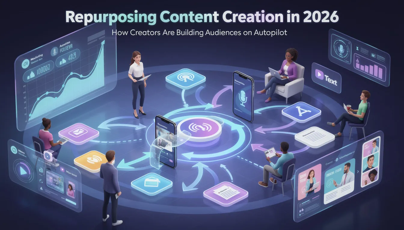 The image depicts a vibrant digital landscape where content creators utilize AI tools and automation to build their personal brands on social media platforms. It illustrates the content creation process for 2026, highlighting the importance of high-quality content and a consistent marketing strategy to engage target audiences and generate new followers effortlessly.