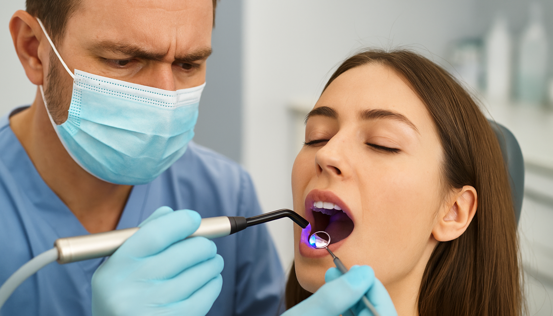 Tannlege utfører behandling med blått lys for å sikre tett fylling og forhindre reinfeksjon etter rotfylling.