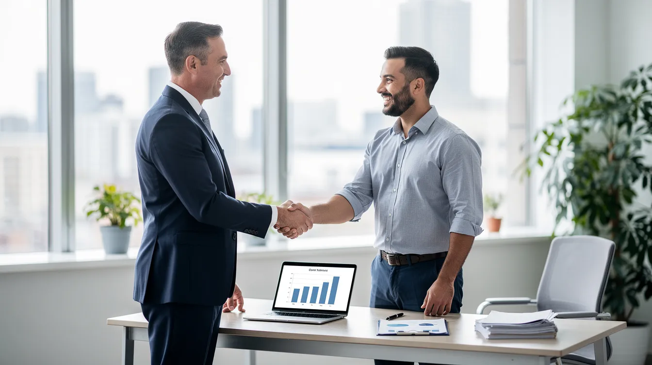 585e63bc 5149 427c a4a8 e55f5f685913 The image depicts a professional advisor shaking hands with a small business owner in an office setting, symbolizing a successful agreement regarding a loan or credit facility, potentially under the Pradhan Mantri Mudra Yojana. The scene conveys a sense of collaboration and support for small enterprises seeking financial assistance.