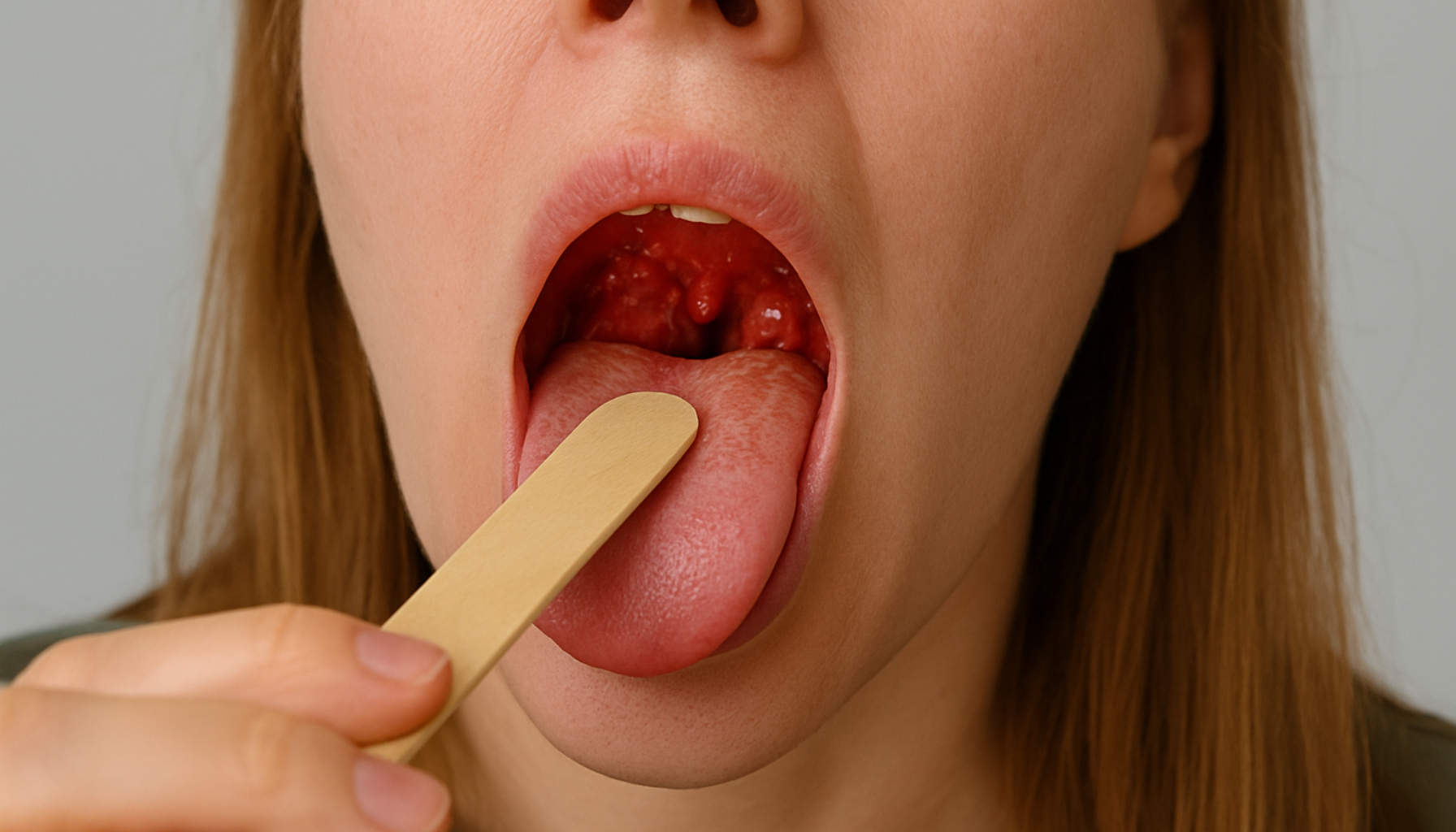 Rød og betent hals med hvite flekker, sett med trepinne på tungen.