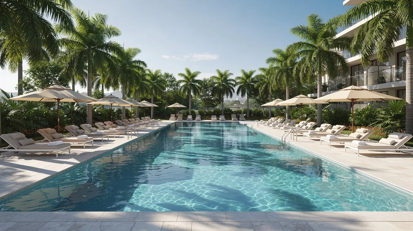 58604bf2 9942 4cbd a255 6f742c8a8b4b The image depicts a serene hotel swimming pool area, surrounded by lush palm trees and equipped with comfortable sunbeds, creating a relaxing atmosphere for guests. The vibrant setting invites visitors to unwind and enjoy the tranquil ambiance, perfect for a refreshing swim or sunbathing.