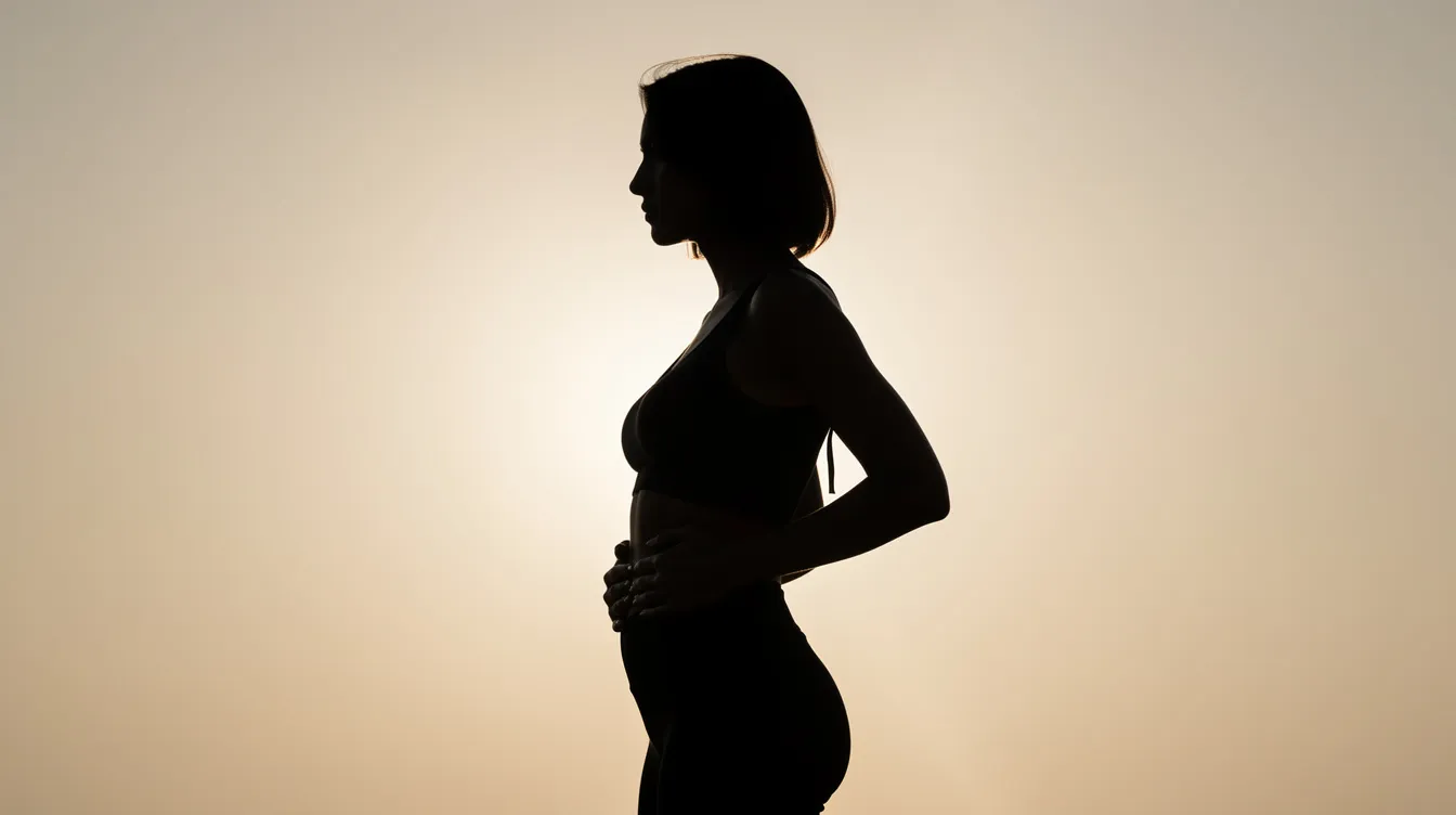 The image features a person in silhouette, gently resting their hands on their midsection, illuminated by soft lighting, suggesting a focus on the abdominal area. This pose may symbolize considerations related to tummy tuck options, reflecting a desire for a flatter abdomen and possibly addressing concerns like excess skin or weakened abdominal muscles.