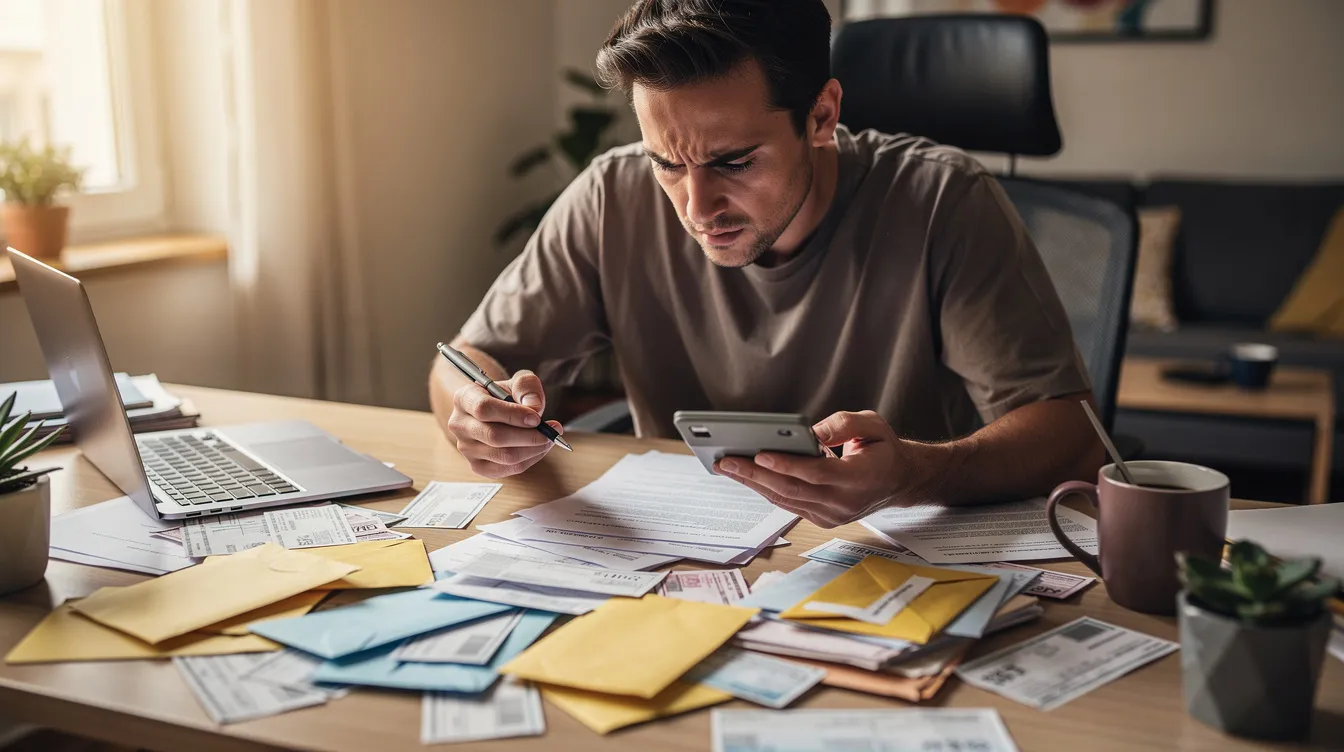 A focused individual sits at a cluttered desk filled with scattered bills and a calculator, determinedly assessing their financial situation. The scene reflects the challenges of managing multiple debts and planning for timely repayments, essential for maintaining a good credit score.