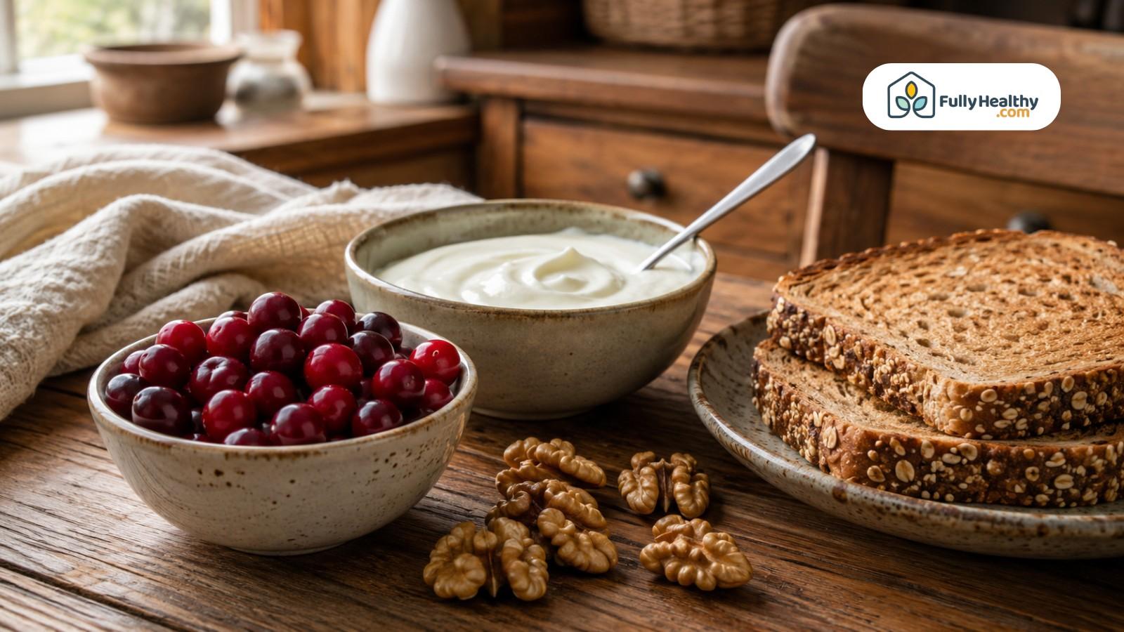 Fresh cranberries with plain yogurt, walnuts, and whole grain toast on wooden table
