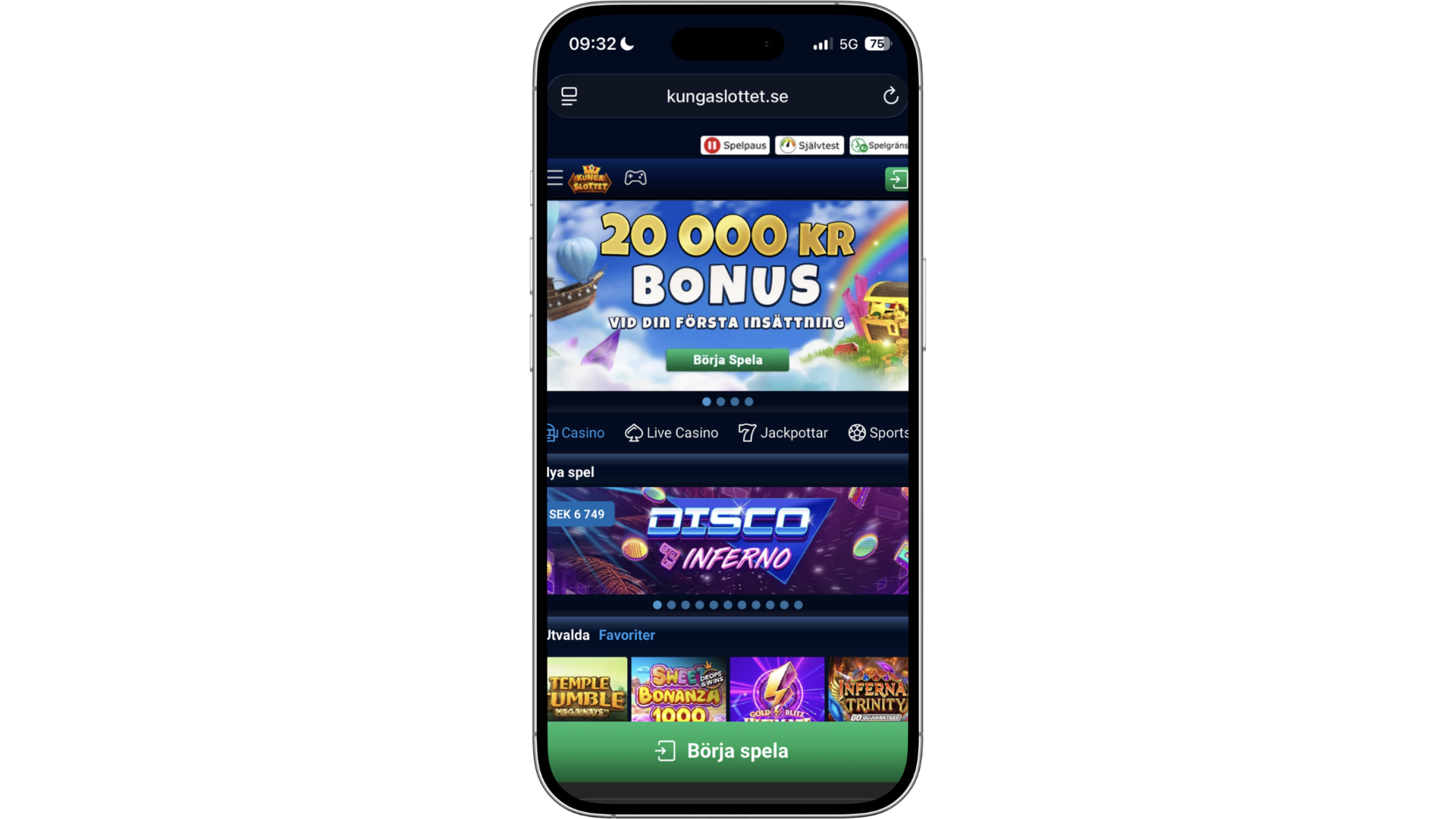 Kungaslottet Casino i mobilen med bonus, casinospel och navigering anpassad för en mindre skärm.